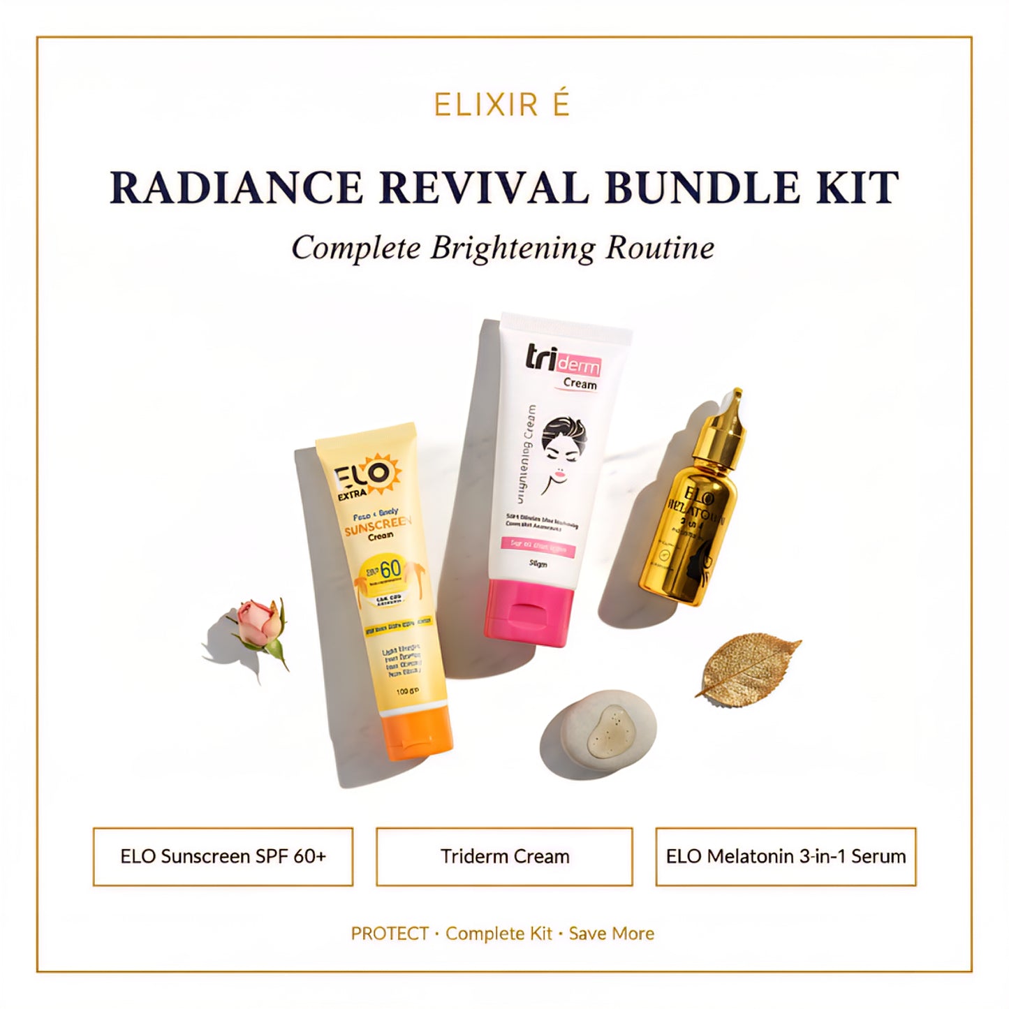 Radiance Revival Brightening Bundle Kit | Clear Dark Spots & Glowing Skin | SPF 60 Sunscreen + Triderm Cream + Melatonin Serum Set